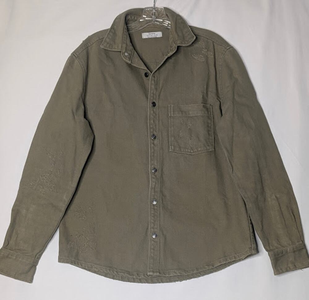 BERSHKA: Men's casual denim button down shirt olive green distressed size Medium